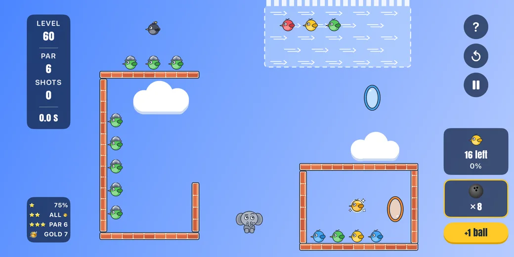 Level 60 with armored birds behind brick walls, a wind zone, two portals and a golden bird