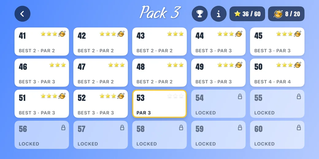 The Pack 3 level grid with stars, gold, best shots and par on every cleared level, the next level and locked levels