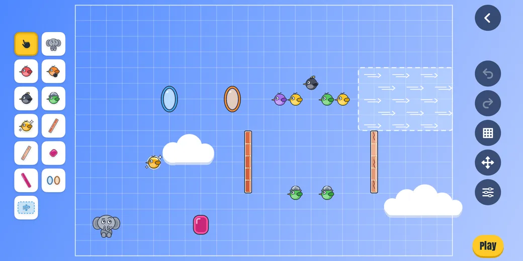 The level editor with birds, bomb and armored birds, walls, a bouncer, two portals and a wind zone on a grid