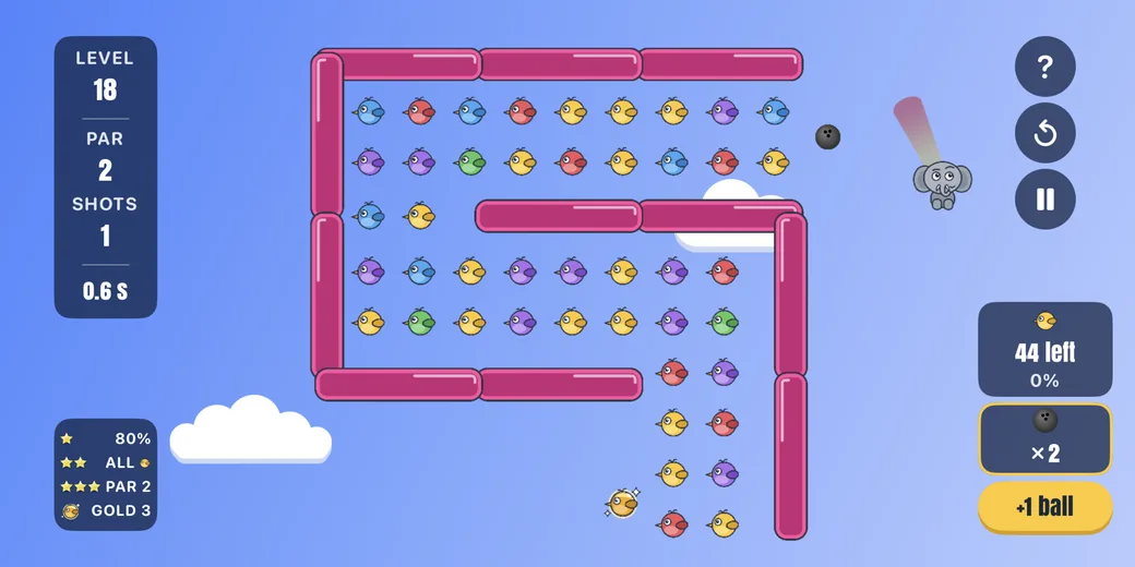Level 18 in Pack 1: a ball flies toward 44 colorful birds in a maze of big bouncers