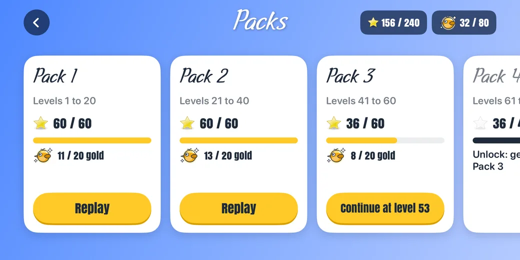 The Packs screen with Packs 1 and 2 played, Pack 3 in progress and Pack 4 still to earn