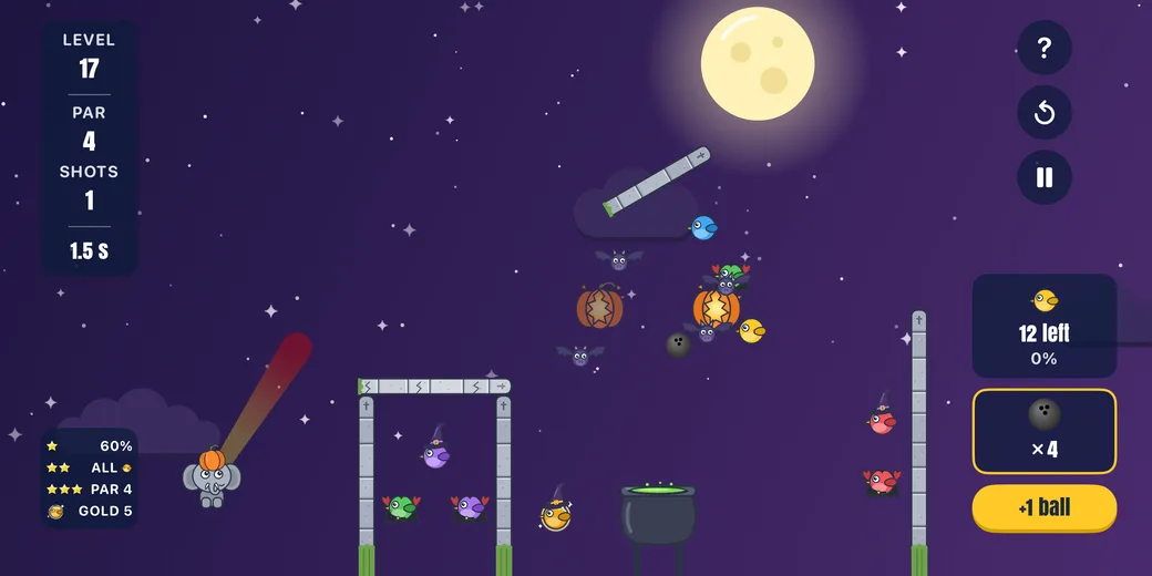 Level 17 of Spooky Night under a full moon, with birds in witch hats and capes, bats, pumpkins, a cauldron and stone walls