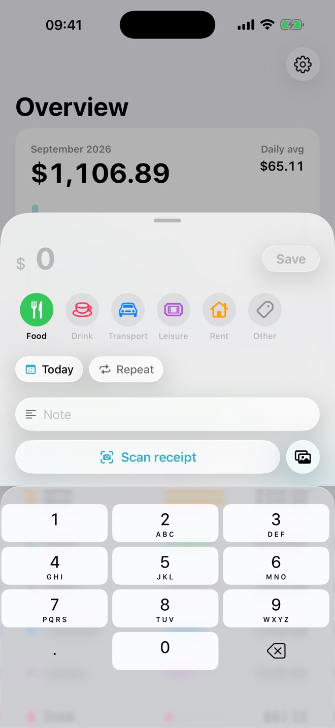 The add sheet with the amount field, categories, date and note above the keypad
