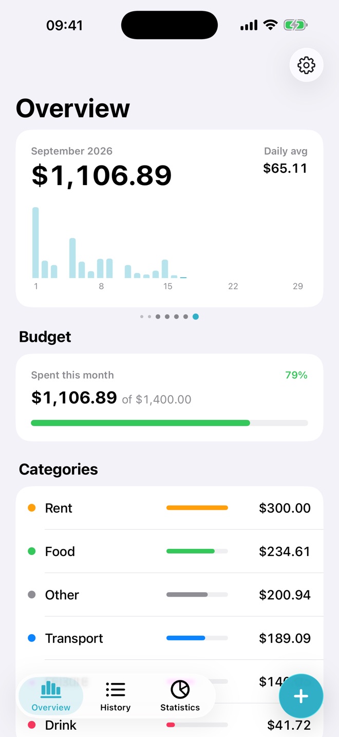The Overview screen with the month total, a daily chart, the budget bar and category totals