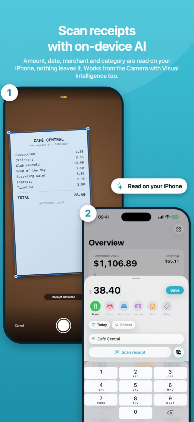 Two phones: a receipt in the document camera, then the add sheet filled with the total and the merchant