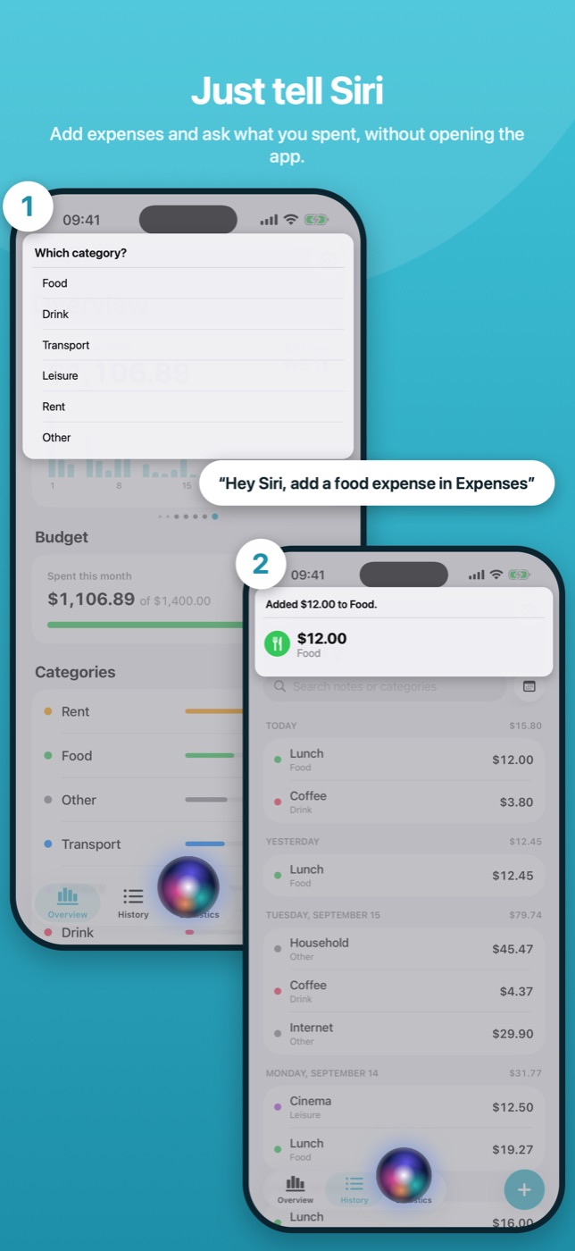 Two phones: Siri asking which category, then confirming that 12 dollars were added to Food