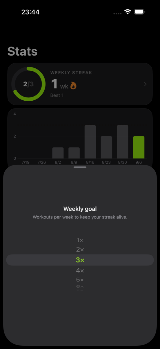 Choosing a weekly goal of three workouts in Burnd