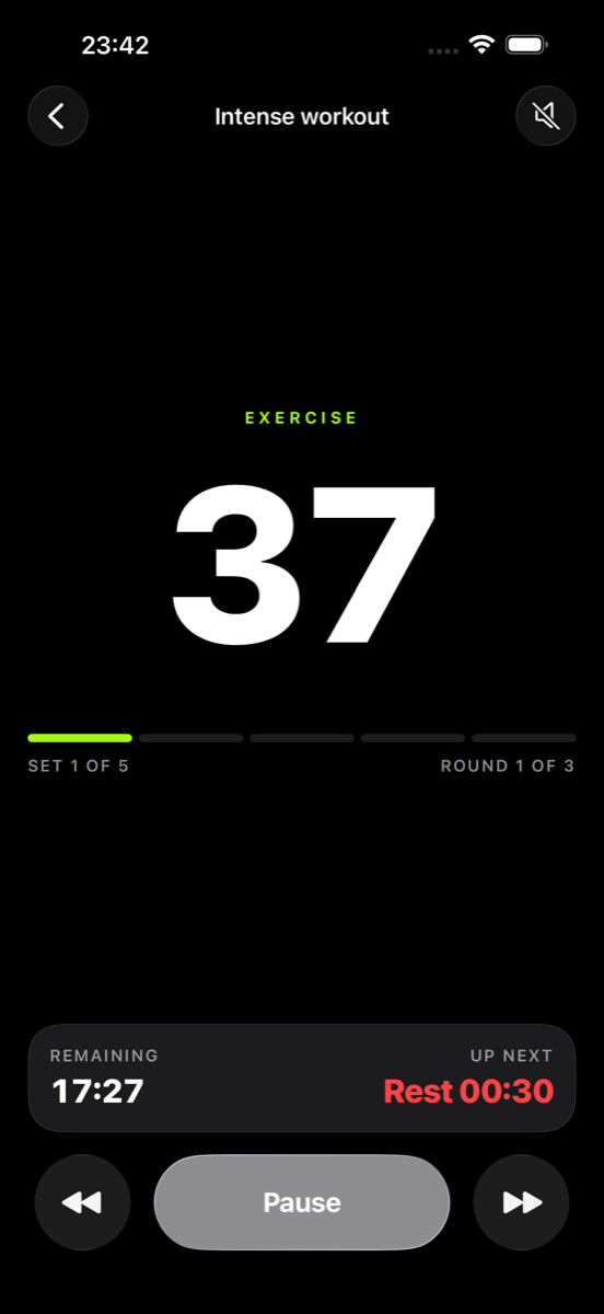 A running workout in Burnd with a large countdown, the current set and round, and the interval coming up next