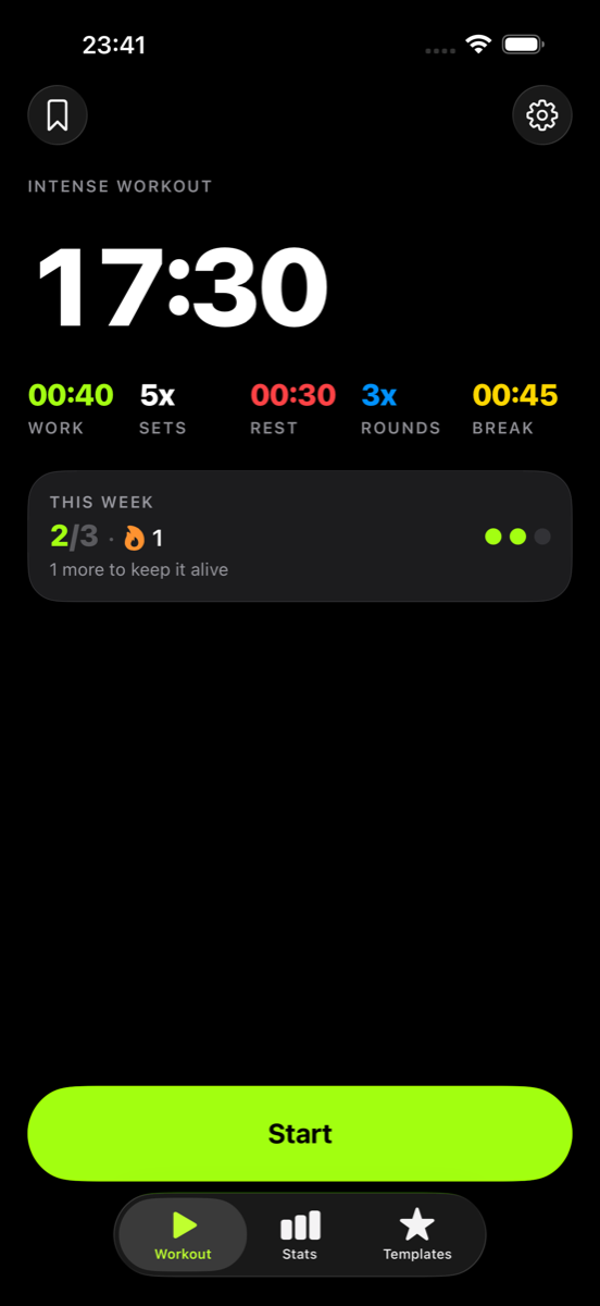 The Burnd home screen showing a workout built from work, sets, rest, rounds and break, with this week's streak progress